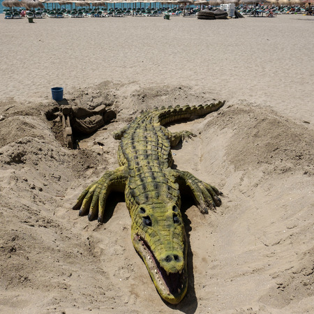 Crocodile Sand Sculpture on the Beach in Marbellaの写真素材