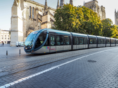 Tram Passing the Cathedral of St Andrew in Bordeaux