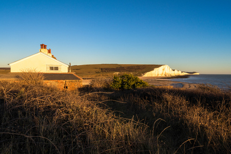 Old Coastguard Cottages at Seaford Headのeditorial素材