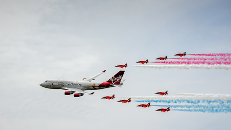 Virgin Atlantic Boeing 747-400 and Red Arrows Aerial Display at Biggin Hill Airshowのeditorial素材