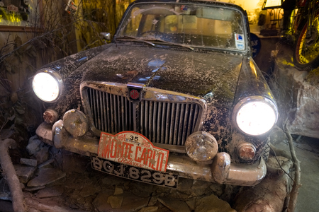 Old MG from the 1994 Monte Carlo Challenge in the Motor Museum at Bourton-on-the-Waterのeditorial素材