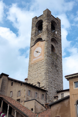 BERGAMO, LOMBARDY/ITALY - JUNE 25 : Civic Tower (Campanone - Big Bell) and Palazzo Del Podestaore in Bergamo on June 25, 2017のeditorial素材