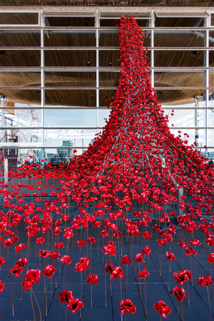 CARDIFF/UK - AUGUST 27 : Poppies Pouring out of the Welsh Assembly Building in Cardiff on August 27, 2017のeditorial素材