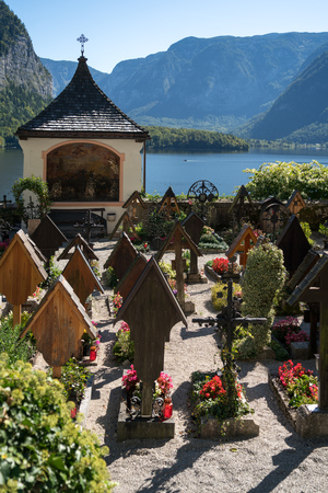Well Kept Graveyard at the Maria Hilf Pilgrimage Church in Hallstattの写真素材