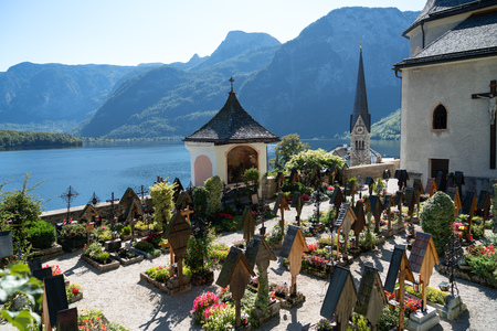 Well Kept Graveyard at the Maria Hilf Pilgrimage Church in Hallstattの写真素材