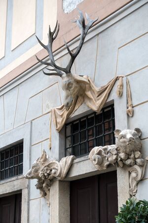 Stag and Boar Statues over a Door in Krumlovの写真素材