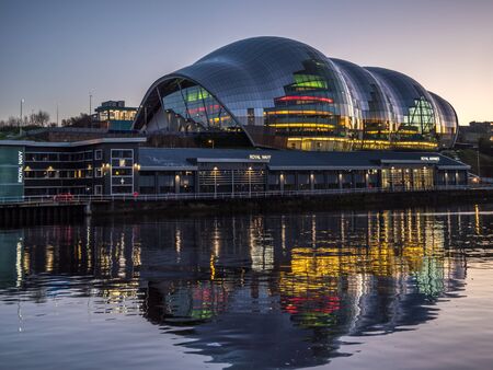 GATESHEAD, TYNE AND WEAR/UK - JANUARY 20 : View of the Sage Building at dusk in Gateshead, Tyne and...