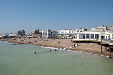 WORTHING, WEST SUSSEX/UK - APRIL 20 : View of Worthing Beach in West Sussex on April 20, 2018. Unidentified peopleのeditorial素材