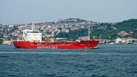 ISTANBUL, TURKEY - MAY 24 : View of a ship and buildings along the Bosphorus in Istanbul Turkey on May 24, 2018のeditorial素材