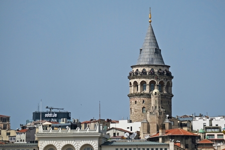 ISTANBUL, TURKEY - MAY 24 : View of the Galata Tower in Istanbul on May 24, 2018. Unidentified people.のeditorial素材