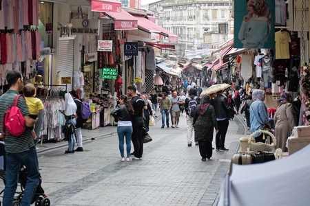 ISTANBUL, TURKEY - MAY 25 : People shopping near the Grand Bazaar in Istanbul Turkey on May 25,...