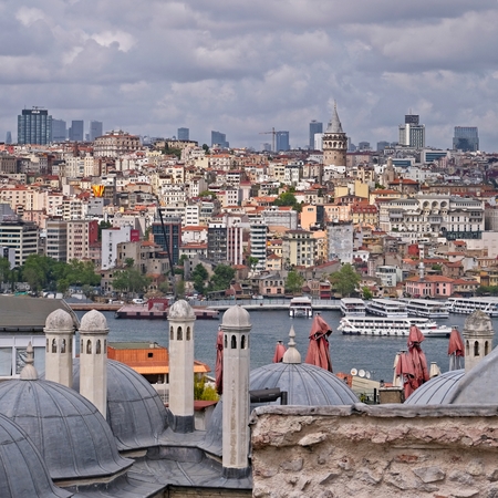ISTANBUL, TURKEY - MAY 28 : View across the rooftops of the Suleymaniye Mosque in Istanbul Turkey on May 28, 2018のeditorial素材