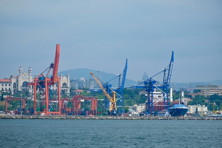 ISTANBUL, TURKEY - MAY 26 : Container port on the Bosphorus in Istanbul Turkey on May 26, 2018のeditorial素材