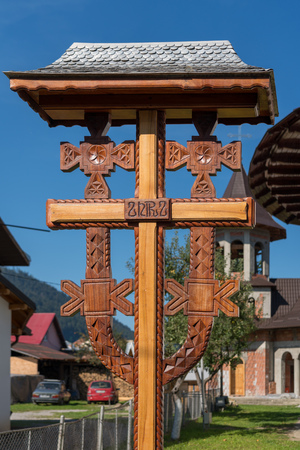 CAMPULUNG MOLDOVENESC, TRANSYLVANIA/ROMANIA - SEPTEMBER 18 : Wooden Sculpture outside a Greek Orthodox Church being renovated in Campulung Moldovenesc Transylvania Romania on September 18, 2018のeditorial素材