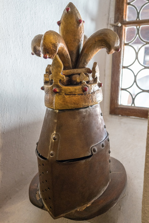 BRAN, TRANSYLVANIA/ROMANIA - SEPTEMBER 20 : View of a knight's helmet in Dracula's Castle in Bran Transylvania Romania on September 20, 2018のeditorial素材