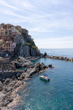 MANAROLA, LIGURIA/ITALY  - APRIL 20 : Coastal view of Manarola Liguria Italy on April 20, 2019. Unidentified peopleのeditorial素材