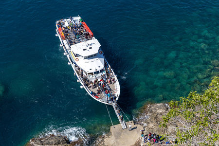 LA SPEZIA, LIGURIA/ITALY  - APRIL 20 : Passenger ferry moored in La Spezia Liguria Italy on April 20, 2019. Unidentified peopleのeditorial素材