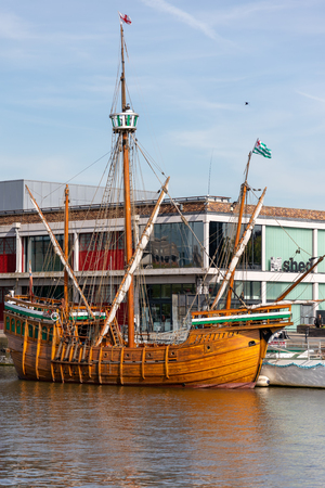 BRISTOL, UK - MAY 13 : Replica wooden galleon on the River Avon in Bristol on May 13, 2019. Two unidentified peopleのeditorial素材