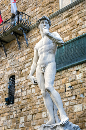 FLORENCE, TUSCANY/ITALY - OCTOBER 19 : Statue of David by Michelangelo on the Piazza della Signoria in front of the Palazzo Vecchio Florence on October 19, 2019のeditorial素材
