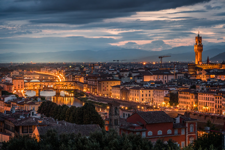 FLORENCE, TUSCANY/ITALY - OCTOBER 18 : Distant view of Palazzo Vecchio at dusk in Florence on October 18, 2019のeditorial素材