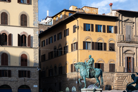FLORENCE, TUSCANY/ITALY - OCTOBER 19 : Equestrian statue of Cosimo I â Giambologna in Piazza della Signoria  Florence on October 19, 2019のeditorial素材