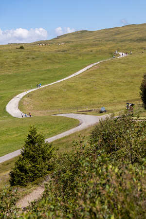 ORTESEI ST ULRICH, SOUTH TYROL/ITALY - AUGUST 8 : People walking in the Dolomites near Ortesei St Ulrich, South Tyrol, Italy on August 8, 2020. Unidentified peopleのeditorial素材