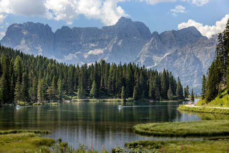 LAKE MISURINA, VENETO/ITALY - AUGUST 9 : View of Lake Misurina near Auronzo di Cadore, Veneto, Italy on August 9, 2020. Unidentified peopleのeditorial素材