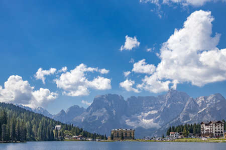 LAKE MISURINA, VENETO/ITALY - AUGUST 9 : View of Lake Misurina near Auronzo di Cadore, Veneto, Italy on August 9, 2020. Unidentified peopleのeditorial素材