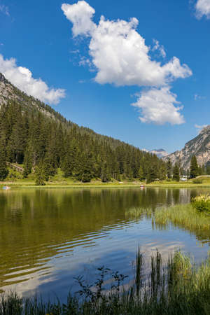 LAKE MISURINA, VENETO/ITALY - AUGUST 9 : View of Lake Misurina near Auronzo di Cadore, Veneto, Italy on August 9, 2020. Unidentified peopleのeditorial素材