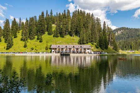 LAKE MISURINA, VENETO/ITALY - AUGUST 9 : View of Lake Misurina near Auronzo di Cadore, Veneto, Italy on August 9, 2020. Unidentified peopleのeditorial素材
