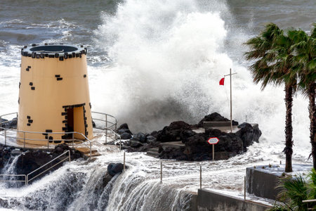 FUNCHAL, MADEIRA/PORTUGAL - APRIL 9 : Tropical storm hitting the lookout tower in the grounds of the Savoy Hotel Funchal Madeira on April 9, 2008のeditorial素材