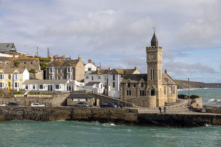 PORTHLEVEN, CORNWALL, UK - MAY 11 : Clock tower of the Bickford-Smith Institute in Porthleven,...