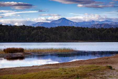 Early morning landscape at Lake Mahinapua in New Zealandの写真素材