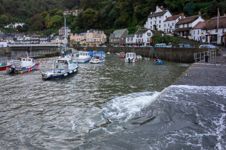 LYNMOUTH, DEVON, UK - OCTOBER 20 : View of the harbour in Lynmouth, Devon on October 20, 2013. One unidentified personのeditorial素材