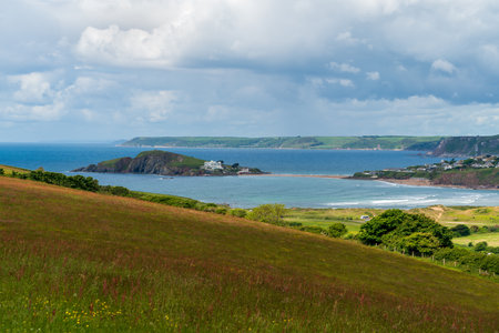 View of the countryside from Thurlestone to Burgh Island in Devonの写真素材