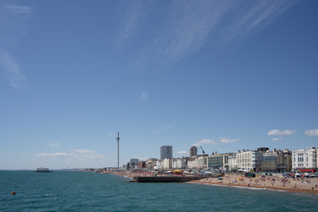 Brighton, East Sussex, UK - July 15, 2022 : View of the beach in Brighton on July 15, 2022. Unidentified peopleのeditorial素材