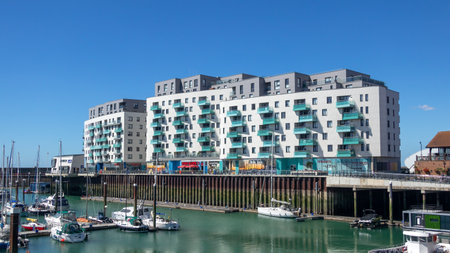 Brighton, East Sussex, UK - AUGUST 5, 2022 : View of new apartments in the marina in Brighton on August 5, 2022. Unidentified peopleのeditorial素材