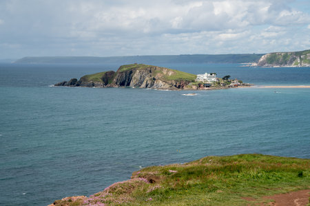 THURLESTONE, DEVON, UK. MAY 24. View from the South West Coastal Path near Thurlestone towards Burgh...