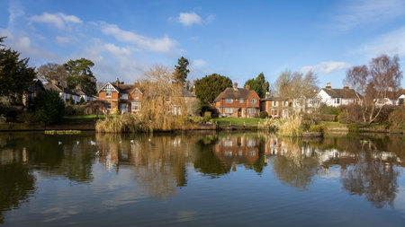 LINDFIELD, WEST SUSSEX, UK - FEBRUARY 01: View of the pond and surrounding buildings in Lindfield...