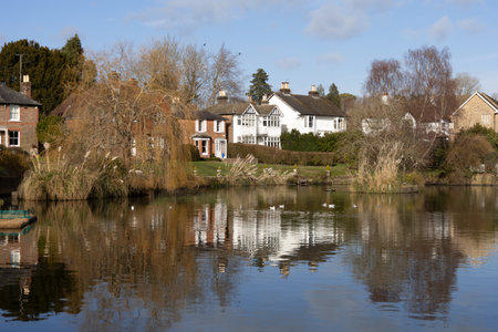 LINDFIELD, WEST SUSSEX, UK - FEBRUARY 01: View of the pond and surrounding buildings in Lindfield...