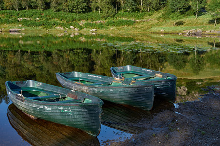 Rowing Boats Moored at Watendlath Tarn in the Lake District Cumbriaの写真素材