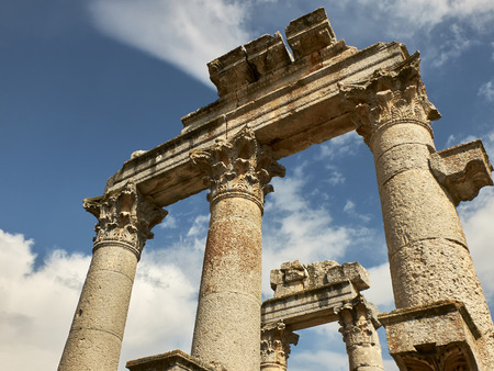 Corynthian columns of ancient Anatolian architecture of the Hellenistic period in the Roman province of Isauria, in present-day Uzuncaburc, Silifke, Mersin province, Turkeyのeditorial素材