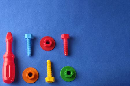 Toy tools set at blue background with copy space.