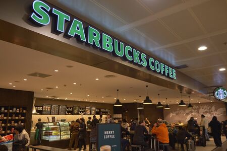 Istanbul Sabiha Gokcen Airport - January 2020. Starbucks Coffee cafeのeditorial素材
