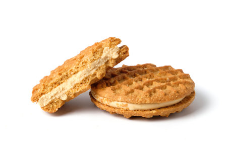 Peanut butter cream cookies isolated on white.の写真素材