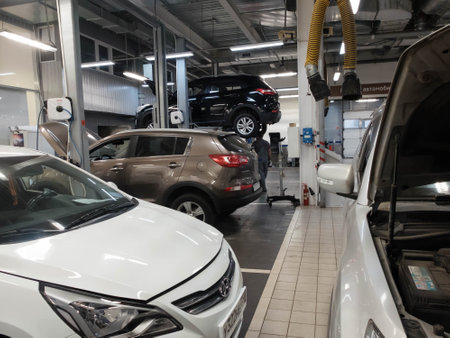 Cars at car service garage. Hyundai and Kia service. Podolsk, Russia - April 2019.のeditorial素材