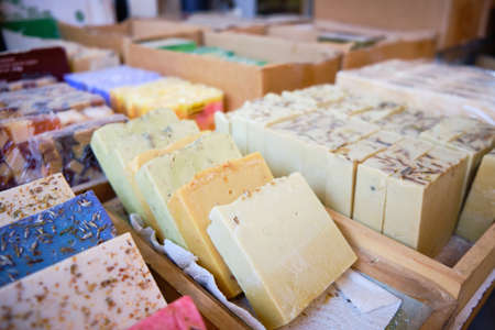 Craft soap bars at store counterの写真素材