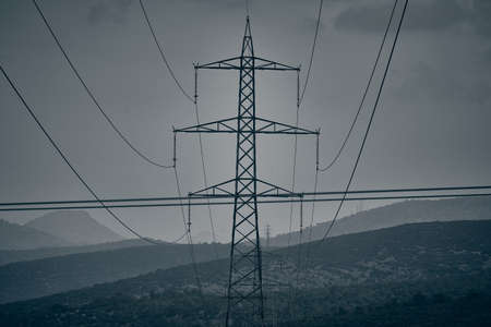 High voltage pylon with wiresの写真素材