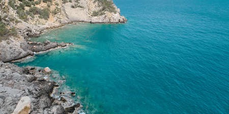 Aerial view of rocky sea coastの写真素材