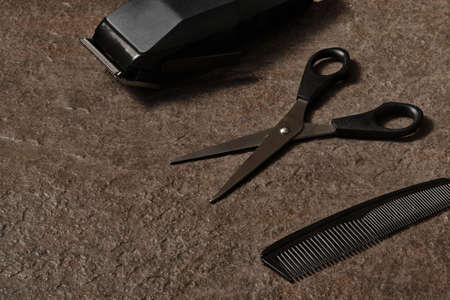 Hair cutting kit at stone countertopの写真素材